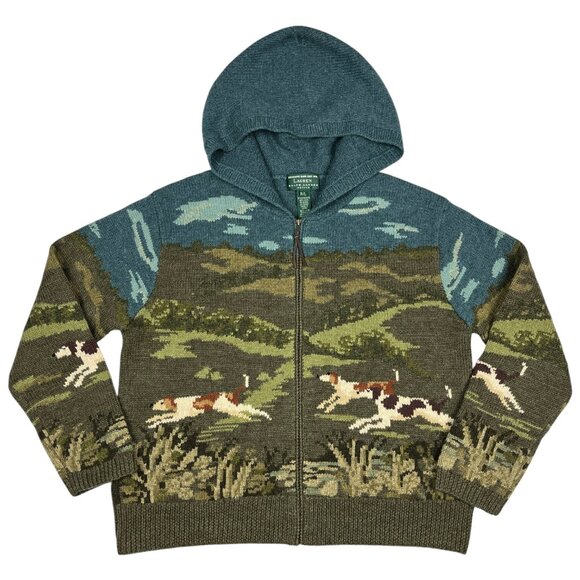 Vintage Ralph Lauren Wool Dog Hunt Cardigan Sweater Hoodie Jacket - Picture 1 of 16